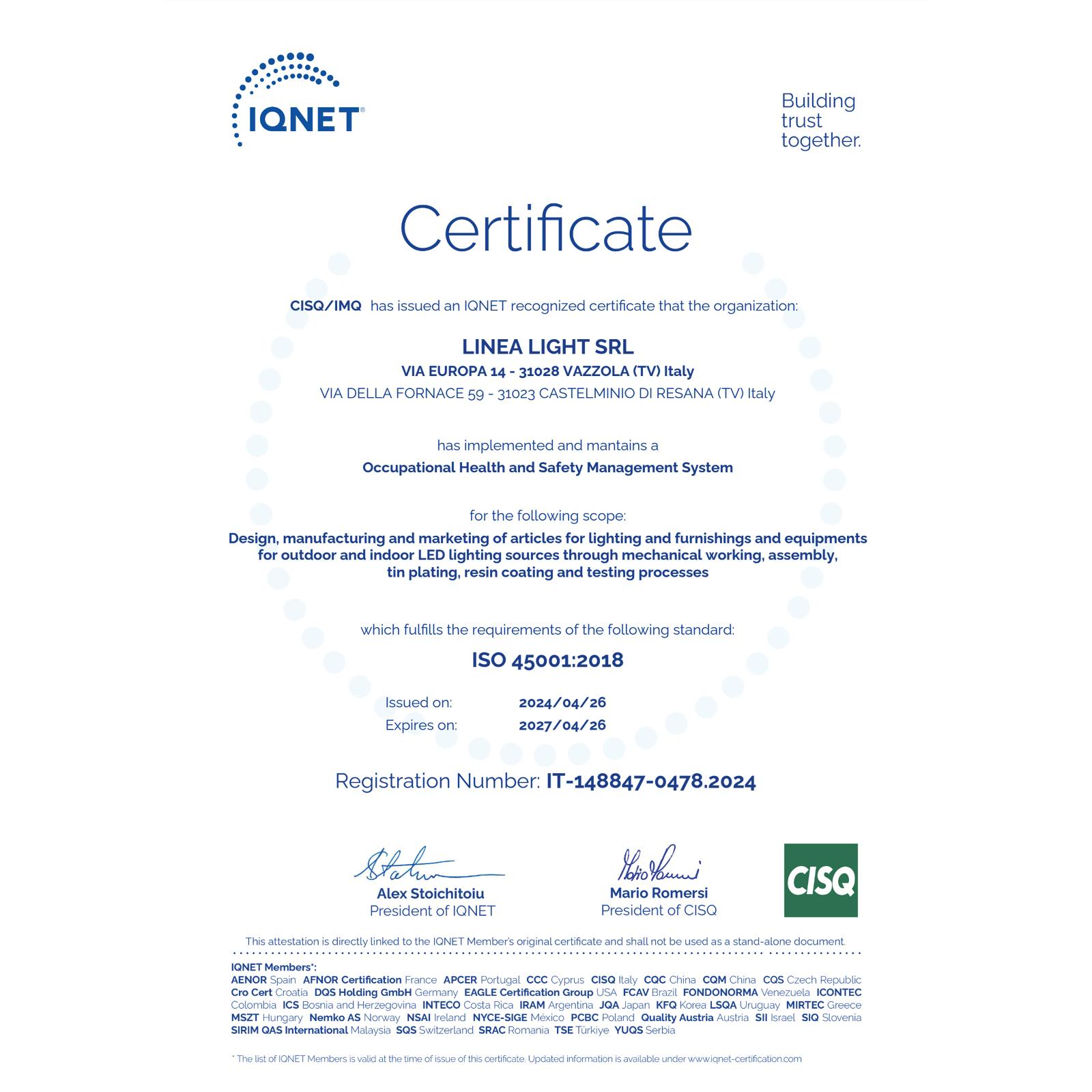 Certificazione 45001 Linealightgroup