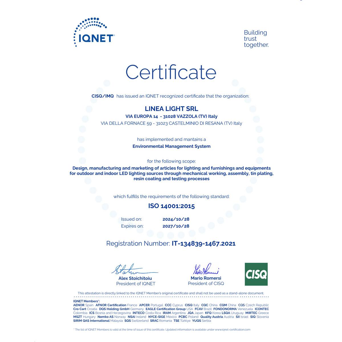 Certificato 14001 Linealightgroup